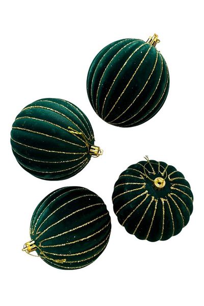 Parti Adresi Christmas Ball Gold Glitter Velvet Christmas Tree Ornaments Green 12 cm 4 Pcs