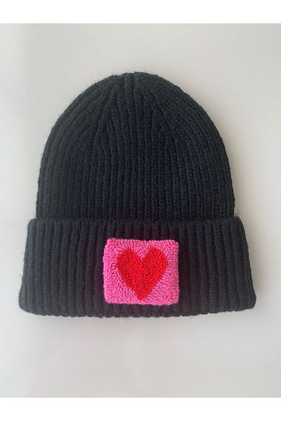 byebruketenci Black Cream Wool Beret Red and Pink Heart Punch Detailed Hat