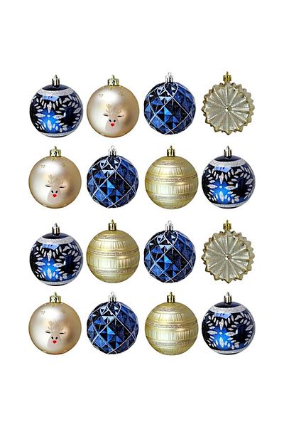 Parti Adresi Christmas Ball Boxed Pine Tree Ornaments Mixed Patterned Blue-Gold 8 cm 16 Pcs