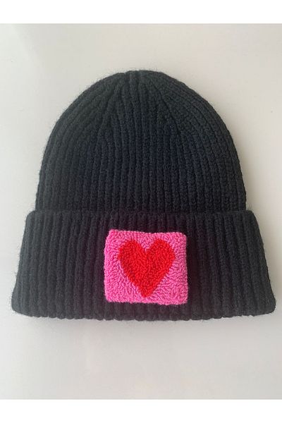 byebruketenci Black Cream Wool Beret Red and Pink Heart Punch Detailed Hat