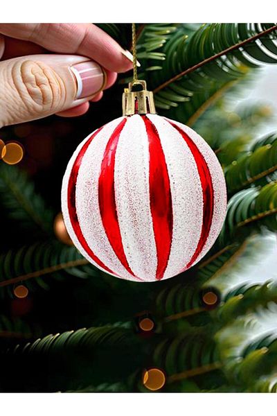 Parti Adresi Christmas Balls Red White Striped Pine Tree Ornaments 8 cm Pack of 4