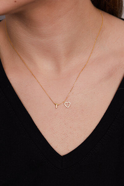 Elika Silver 925 Ayar Gümüş Zirkon Taşlı Kalp Model T Harfi Kolye ELKSLVR7764