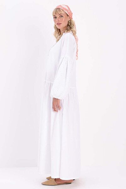 ALLDAY White-Cotton Half Placket Scalloped Dress