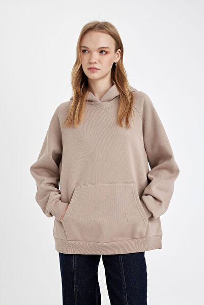 DeFacto Oversize Geniş Kalıp Kapüşonlu Kanguru Cepli Kalın Basic Düz Sweatshirt C7805ax24wn