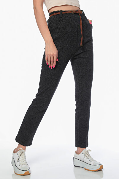 julude Black Women's High Waist Self Patterned Belted Winter Trousers