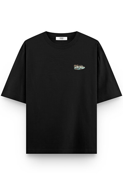 Overoz Unisex Oversize Black T-Shirt - Classics Car Back Printed, Text - 1261