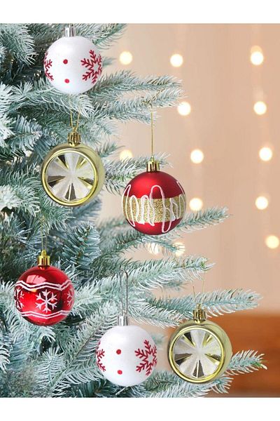 Parti Adresi Christmas Pine Tree Decoration Set - Mixed Pattern, Red-Gold, 6 Cm, 16 Pcs