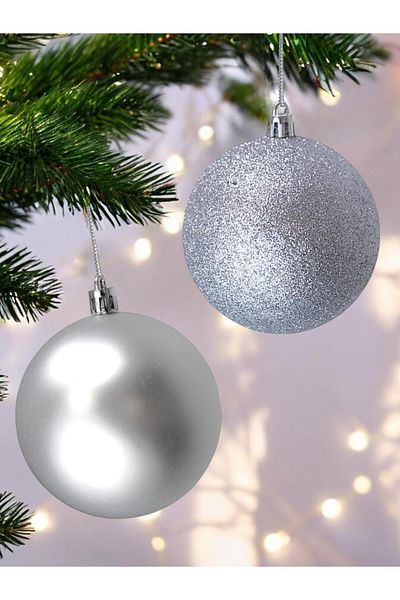 Parti Adresi Christmas Ball Glitter-Matte Pine Tree Ornaments Silver 10 cm 6 Pcs