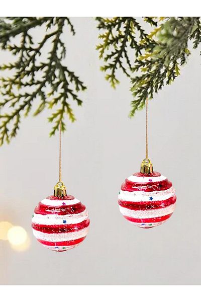 Parti Adresi New Year's Balls with Red and White Stripes - Pine Tree Decorations, 6 Cm, 6 Pcs