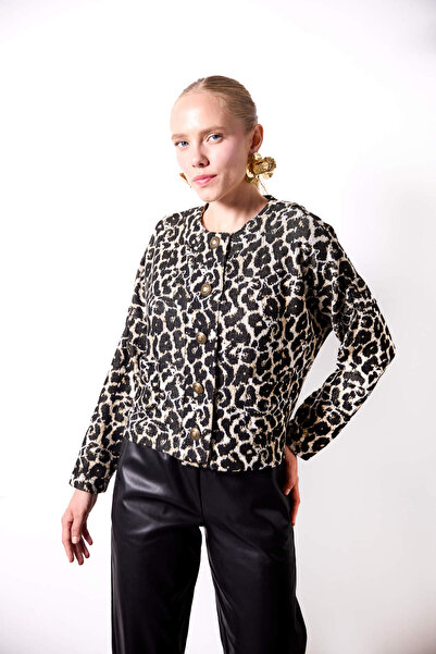 Evermade Bisiklet Yaka Düğme Detaylı Leopar Desenli Ceket