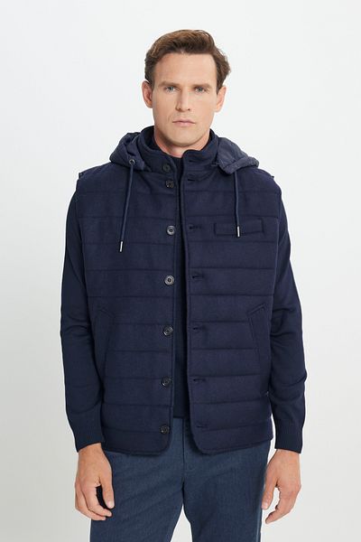 ALTINYILDIZ CLASSICS Men's Navy Blue Wool Warm Standard Fit Regular Fit Hood Stand Collar Color Block Vest