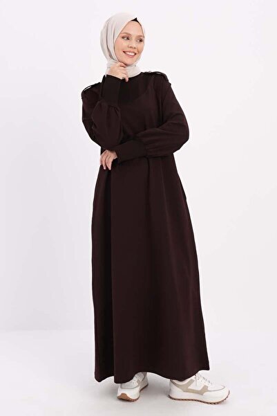 ALLDAY Dress with Bitter Coffee-Cotton Sleeves Button Epaulettes