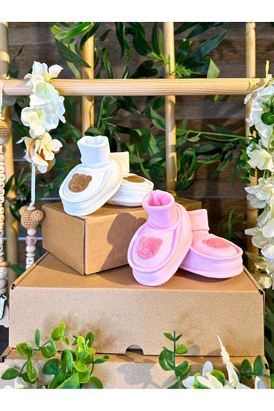 Renkli Puset 2-Piece Basic Baby Booties - 100% Cotton Suede Bear
