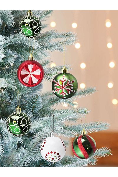 Parti Adresi Christmas Pine Tree Decoration Set - Mixed Pattern, Green-Red, 6 Cm, 16 Pcs