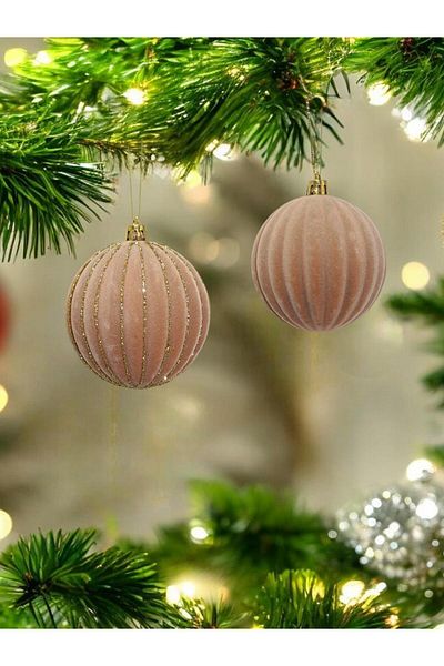 Parti Adresi Christmas Balls - Gold Glitter Velvet, 8 cm Salmon Tree, Set of 4