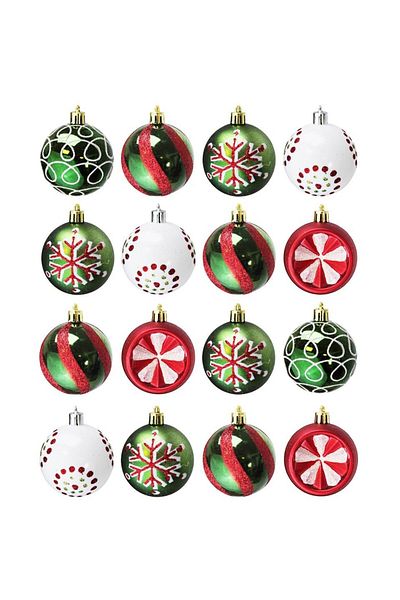 Parti Adresi Christmas Pine Tree Decoration Set - Mixed Pattern, Green-Red, 6 Cm, 16 Pcs