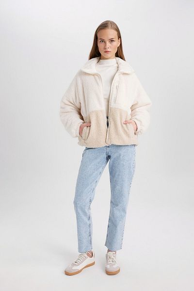 DeFacto Regular Fit Polo Neck Zip Pocket Plush Coat C3974Ax23Wn