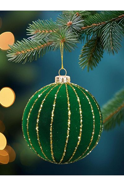 Parti Adresi Christmas Ball Gold Glitter Velvet Christmas Tree Ornaments Green 12 cm 4 Pcs