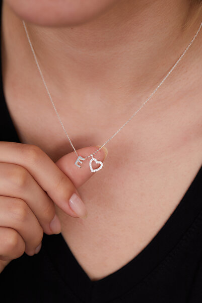 Elika Silver 925 Ayar Gümüş Zirkon Taşlı Kalp Model E Harfi Kolye ELKSLVR7747