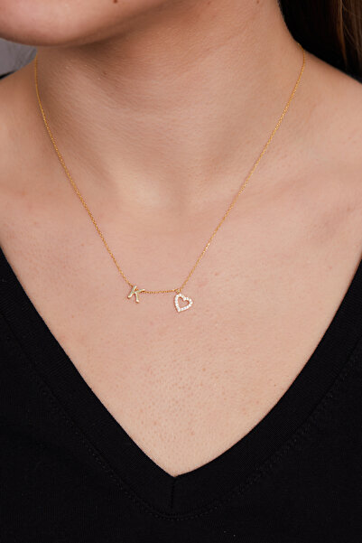 Elika Silver 925 Ayar Gümüş Zirkon Taşlı Kalp Model K Harfi Kolye ELKSLVR7754