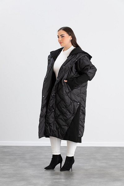 RMG Plus Size Sleeves Ribbed Quilted Coat Black