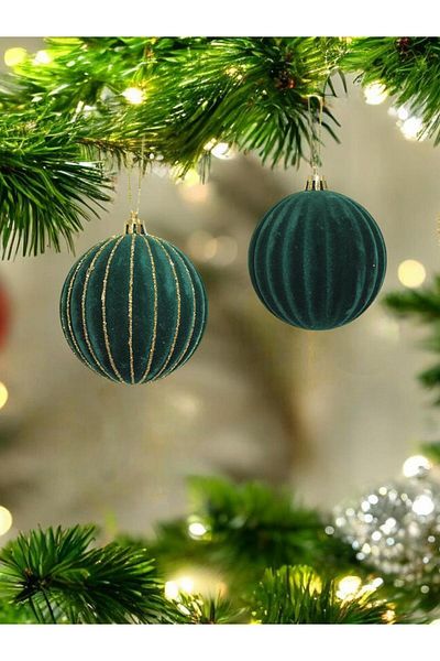 Parti Adresi Green Glitter Velvet Christmas Ball - 8 cm Set of 4