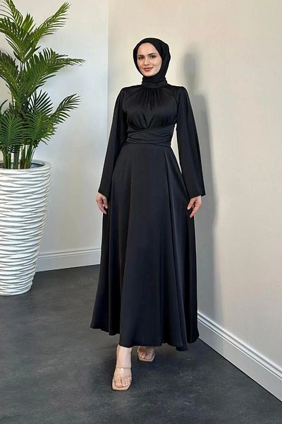 Lamia Giyim Spanish Sleeve Satin Cross Belt Dress