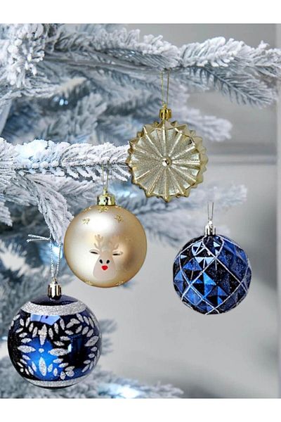 Parti Adresi Christmas Ball Boxed Pine Tree Ornaments Mixed Patterned Blue-Gold 8 cm 16 Pcs