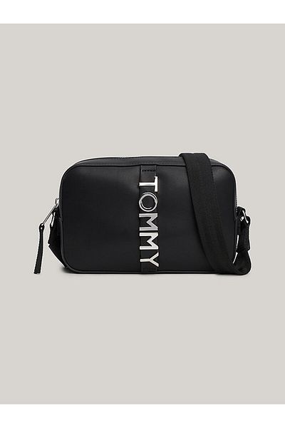 Tommy Hilfiger Women's Shiny Metallic Logo Black Shoulder Bag with Adjustable Shoulder Strap Aw0Aw16511-Bds