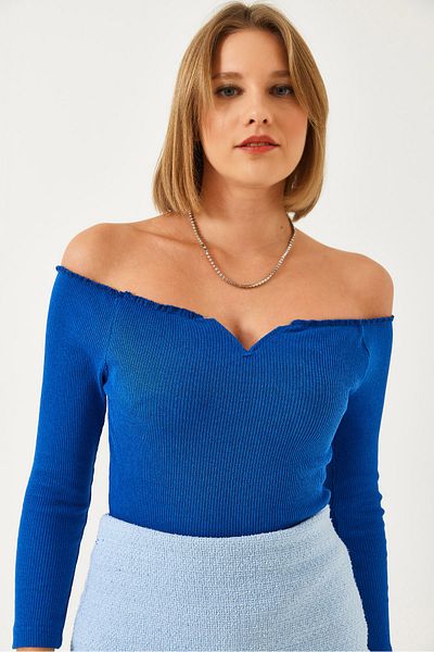 Bianco Lucci Crop-Strickbluse für Damen mit gerafftem Ausschnitt 60261062