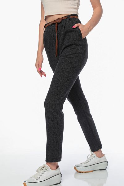 julude Black Women's High Waist Self Patterned Belted Winter Trousers