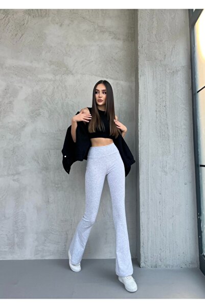 Ozy Fashion Γυναικείο Χτενέν Κολάν Ανοιχτό Γκρι Ψηλόμεσο, Φαρδιά Ζώνη