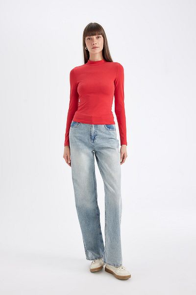 DeFacto Rotes Slim-Fit-T-Shirt mit halbem Rollkragen und langen Ärmeln D3575ax24au