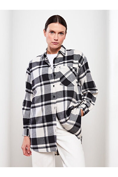 LC Waikiki Γκρι καρό oversized γυναικείο πουκάμισο ξυλοκόπος