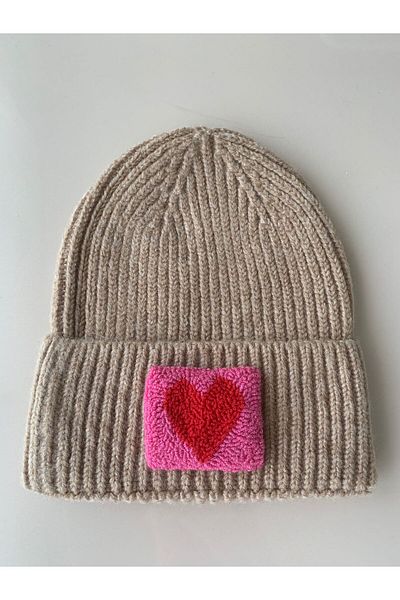 byebruketenci Beige Cream Wool Beret Red and Pink Heart Punch Detailed Hat