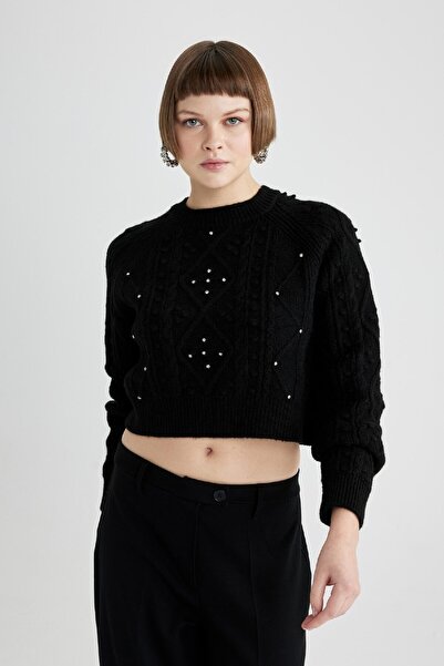 DeFacto Crop Bisiklet Yaka Taşlı Siyah Triko Kazak C0781ax23wn