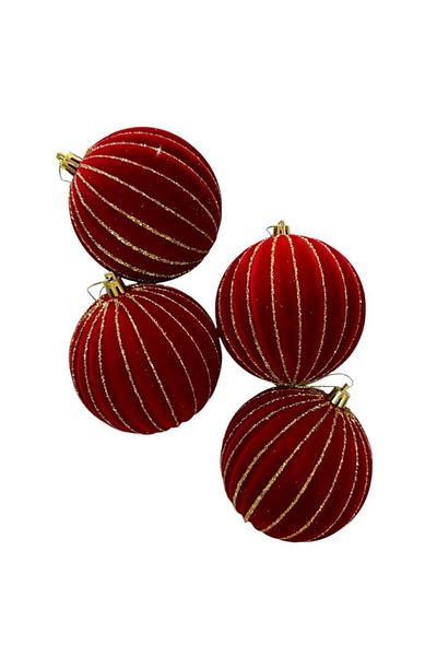 Parti Adresi Πρωτοχρονιάτικες Μπάλες Χρυσό Glitter Velvet Στολίδι Χριστουγεννιάτικο Δέντρο Μπορντό 10 cm Σετ 4 τεμαχίων