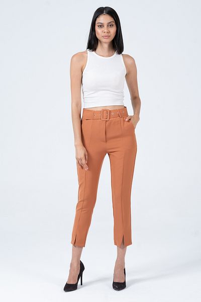 diaves Pantaloni de damă, maro, cu talie înaltă, cu buzunare, cu fante pe picior, țesătură Atlas, tăiat morcov