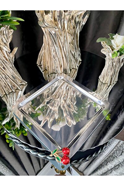 atabey home collection 6 Pcs Metal Casting Silver Tray - Coffee, Tea, Presentation Tray, with Cherry Accessories