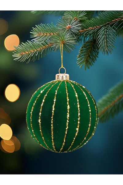 Parti Adresi Green Glitter Velvet Christmas Ball - Gold 10 cm Set of 4