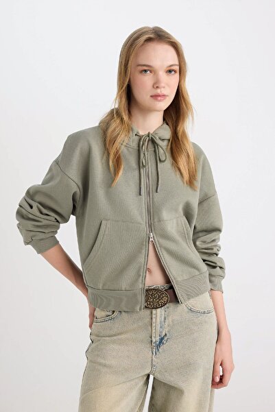 DeFacto Coool Standart Fit Kapüşonlu Basic Düz Kanguru Cepli Fermuarlı Sweatshirt Z7069az24wn