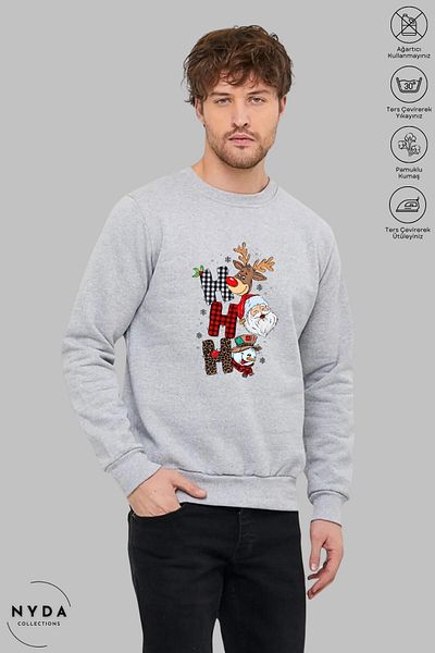 Nyda Collections Unisex μακρυμάνικο χριστουγεννιάτικο φούτερ με στάμπα με λαιμόκοψη χωρίς κουκούλα