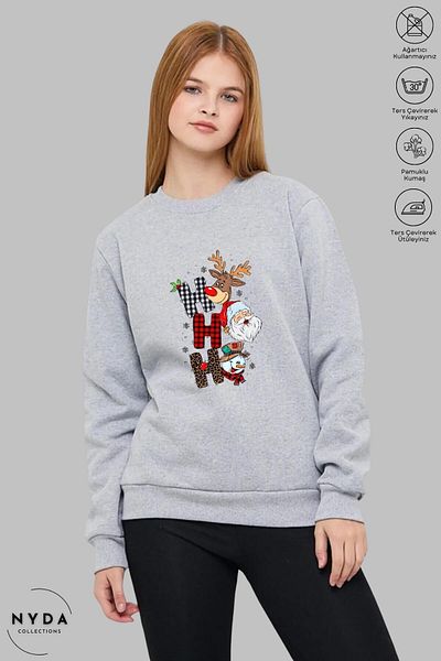 Nyda Collections Unisex μακρυμάνικο χριστουγεννιάτικο φούτερ με στάμπα με λαιμόκοψη χωρίς κουκούλα