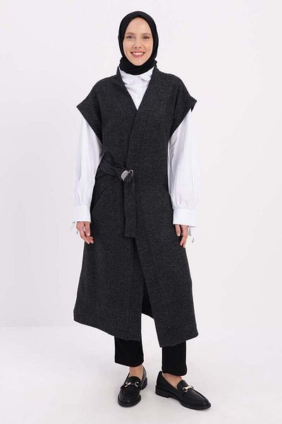 ALLDAY Anthracite-Belt Metal Buckle Long Vest with Pockets