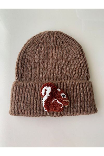 byebruketenci New Year's Gift - Brown Wool Beret, Cap with Squirrel Punch Detail