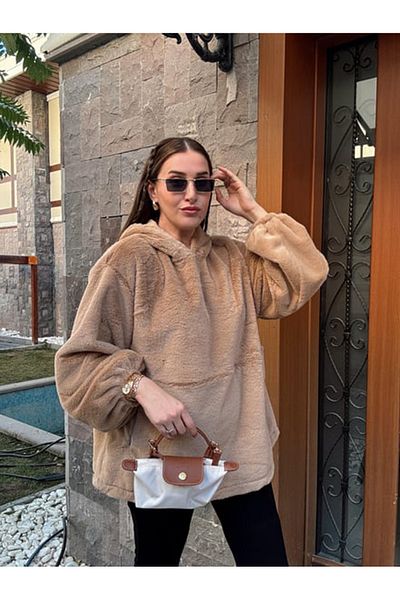 FASHION COCKTAIL Μαλακό και άνετο γυναικείο φούτερ με κρυφή τσέπη με κουκούλα - Milk Coffee