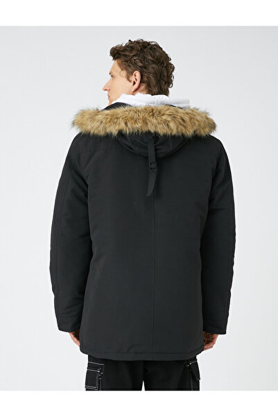 Koton Faux Fur Hooded Anorak - Zippered and Label Printed