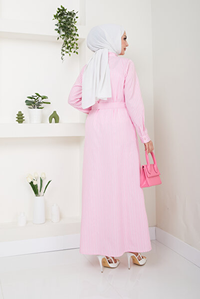 Eliva Γυναικείο ροζ σατέν μακρύ λευκό ριγέ φόρεμα χιτζάμπ με ζώνη