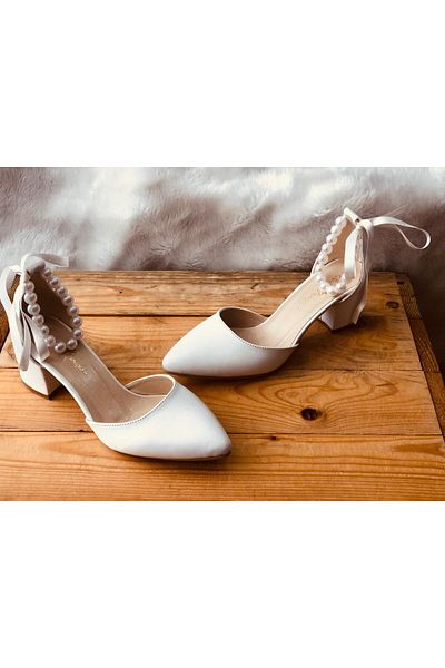 İlkinin Pabuçları Pearl Ankle Detailed Wedding Shoes, White Shoes, Comfortable Bridal Shoes with 5cm Thick Heels