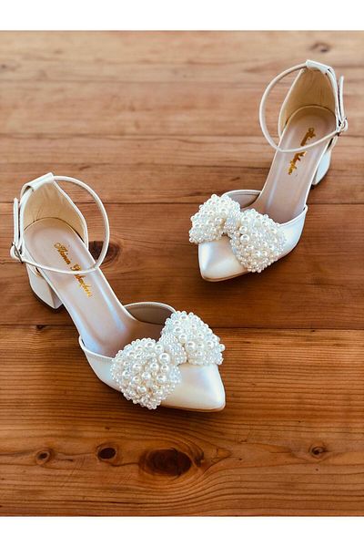 İlkinin Pabuçları pearl bow detail wedding shoes mother of pearl ecru color 5cm thick heeled bridal shoes